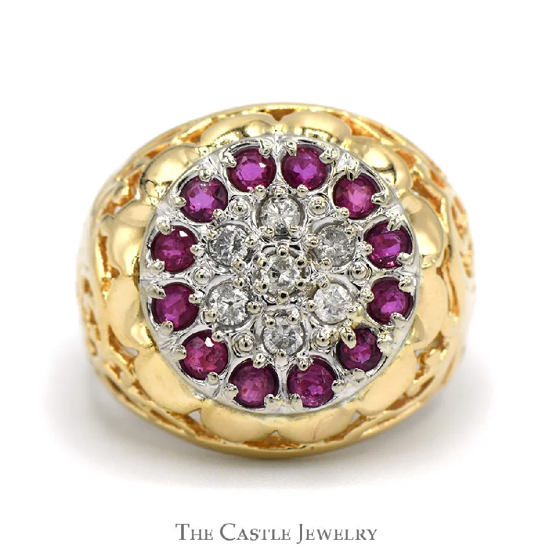 Simple Diamond Wedding Ring-Diamond & Ruby Kentucky Cluster Ring with Open Filigree Sides in 14k Yellow Gold