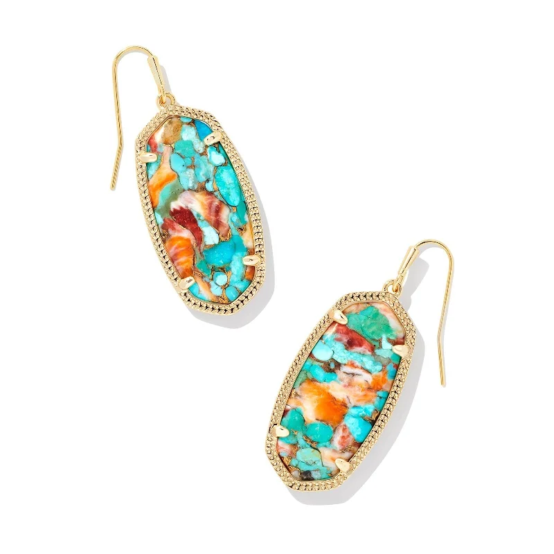 Elegant Gemstone Earrings-Kendra Scott | Elle Gold Drop Earrings in Bronze Veined Turquoise Magnesite Red Oyster