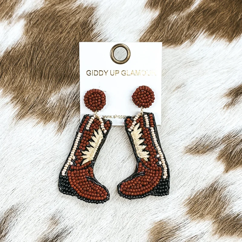 Ethnic Earrings for Women-Beaded Boot Post Back Earrings in Brown