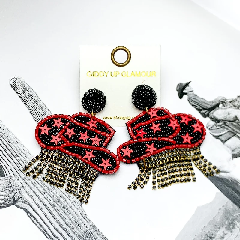 Beaded Dangle Earrings-Gameday Beaded Cowboy Hat Earrings with Black Crystal Fringe in Red and Black