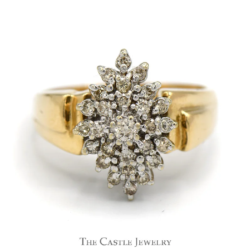 Stylish Engagement Ring-Marquise Shaped 1/2cttw Diamond Cluster Ring in 14k Yellow Gold Ridged Mounting