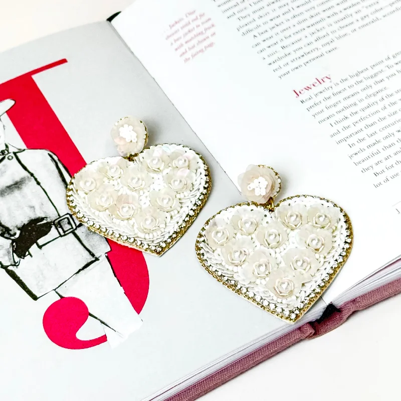 Stud Earrings for Women-Flower Post Beaded Sequin Heart Shaped Floral Earrings with Pearl and Crystal Accents in White