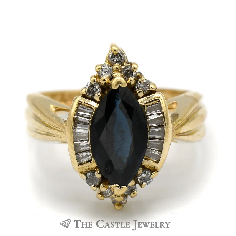 Fashionable Engagement Ring-Marquise Shaped Sapphire Ring with Baguette and Round Diamond Accents in 14k Yellow Gold