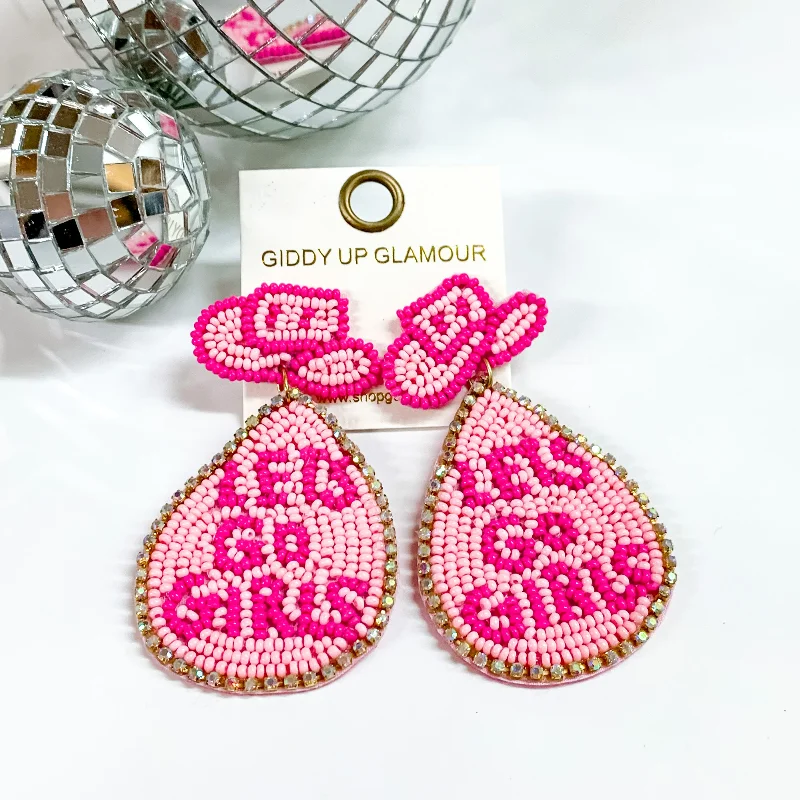 Diamond Stud Earrings-Let's Go Girls Beaded Cowboy Hat Post Earrings with Hanging Teardrop in Pink