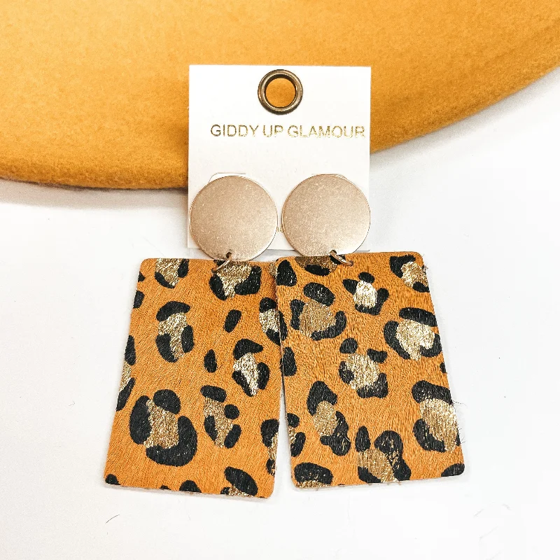 Designer Diamond Earrings-Where the Wild Things Are Leopard Print Rectangle Drop Earrings in Mustard