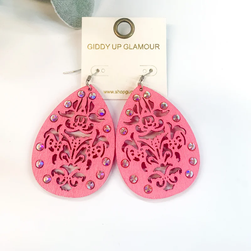 Statement Earrings for Evening-Chic Wooden Teardrop Earrings in Neon Pink with AB Crystals