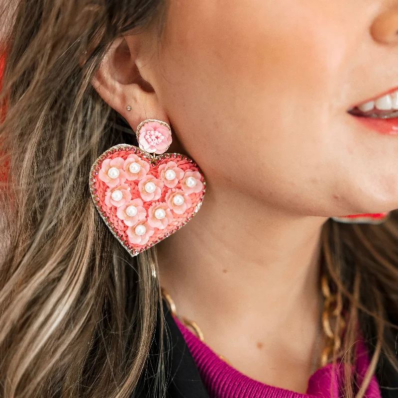 Moon Shaped Earrings-Flower Post Beaded Sequin Heart Shaped Floral Earrings with Pearl and Crystal Accents in Pink