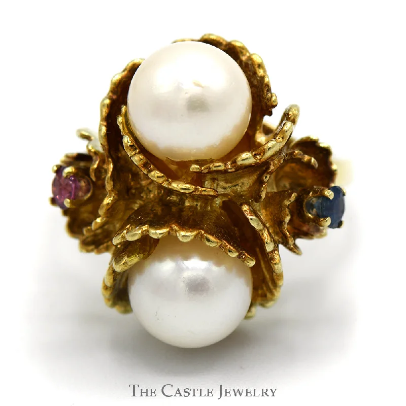 Elegant Wedding Ring for Bride-Double Pearl Ring in Floral Setting with Sapphire & Ruby Accents in 14k Yellow Gold