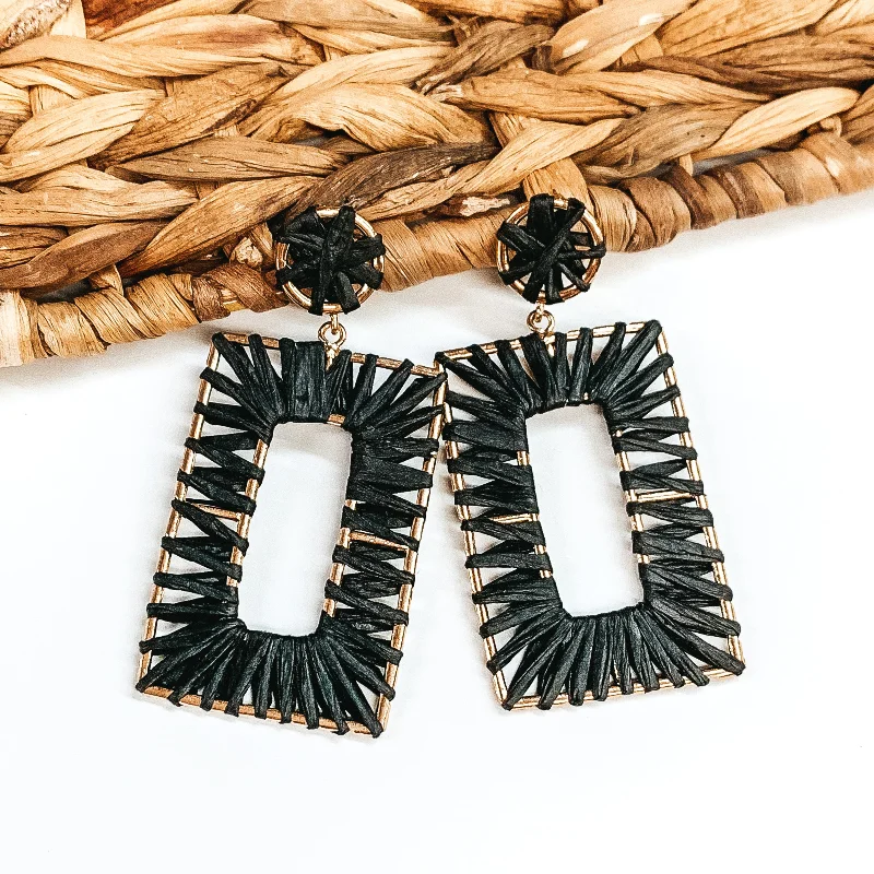 Unique Gold Earrings-Cabana Bound Raffia Wrapped Gold Rectangle Drop Earrings in Black