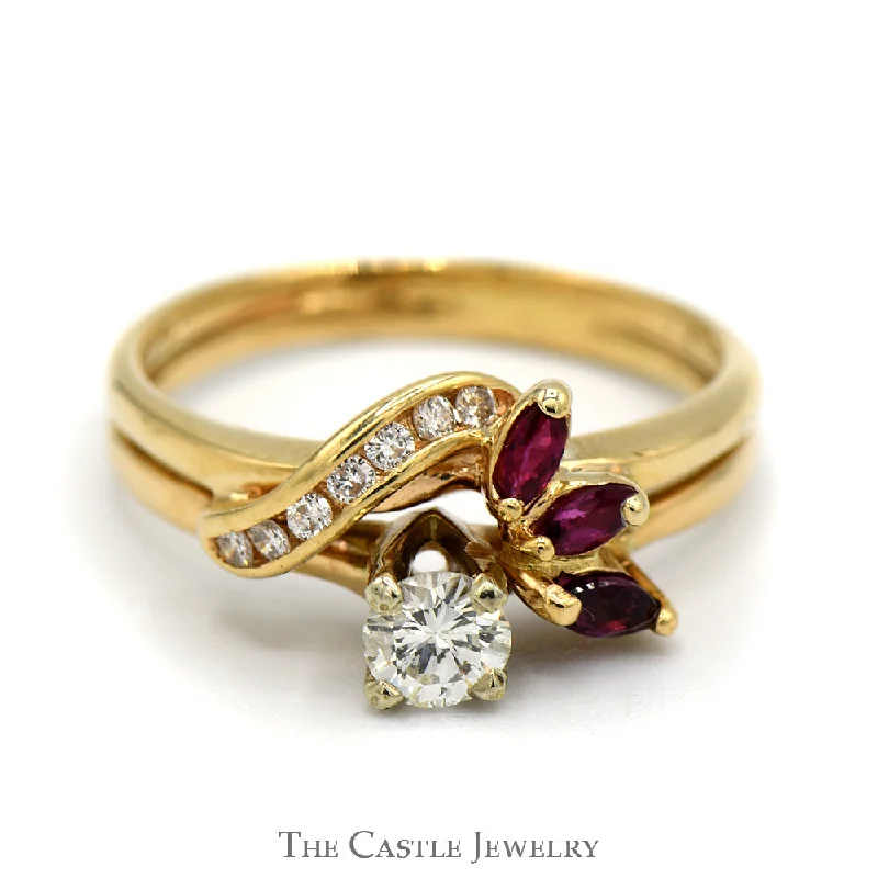 Gorgeous Wedding Band-Diamond Solitaire Engagement Ring with Ruby and Diamond Soldered Wrap in 14k Yellow Gold