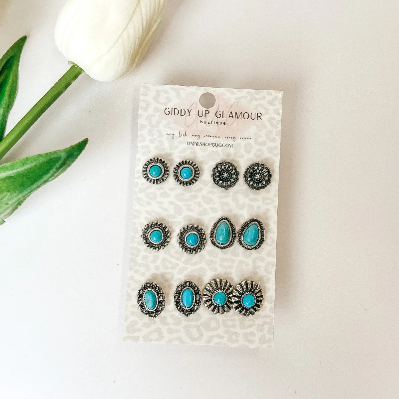 Rose Gold Hoop Earrings-Set Of Six | Small Turquoise and Silver Designed Studs