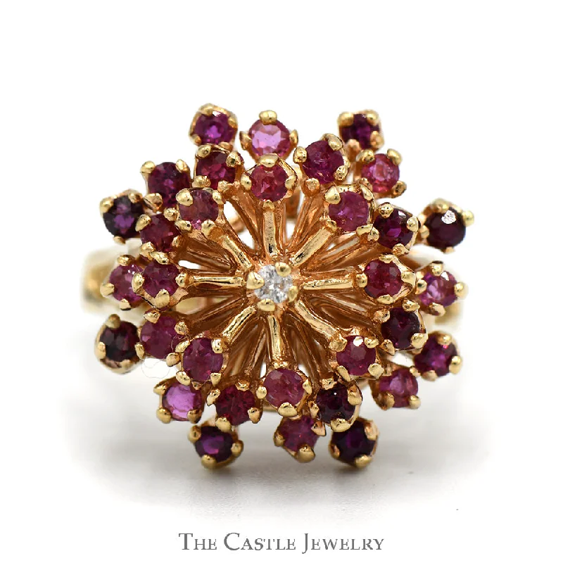 Wedding Ring Set with Diamonds-Ruby Starburst Cluster Ring with Diamond Accent in 10k Yellow Gold