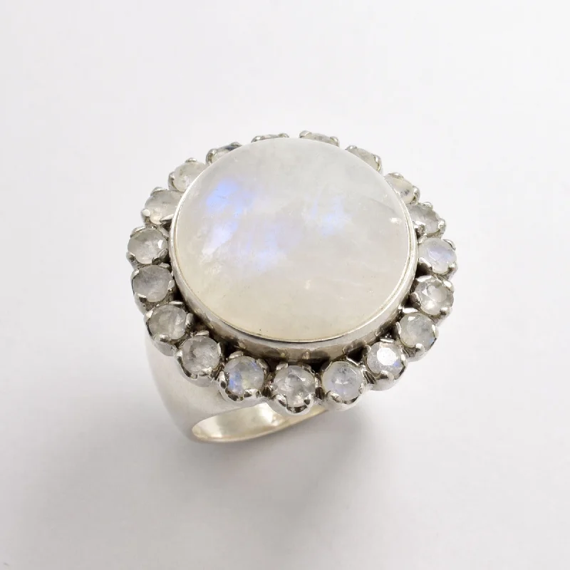 Classic Wedding Band Set-Moonstone Statement Ring - Large Round Ring - White Victorian Ring