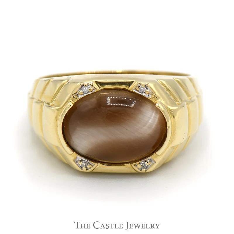 Elegant Custom Ring-Oval Cabochon Brown Cat's Eye Ring with Diamond Accents and Ridged Sides in 10k Yellow Gold