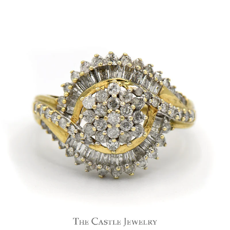 Diamond Engagement Ring-3/4cttw Flower Cluster Ring with Baguette and Round Diamond Accents in 10k Yellow Gold