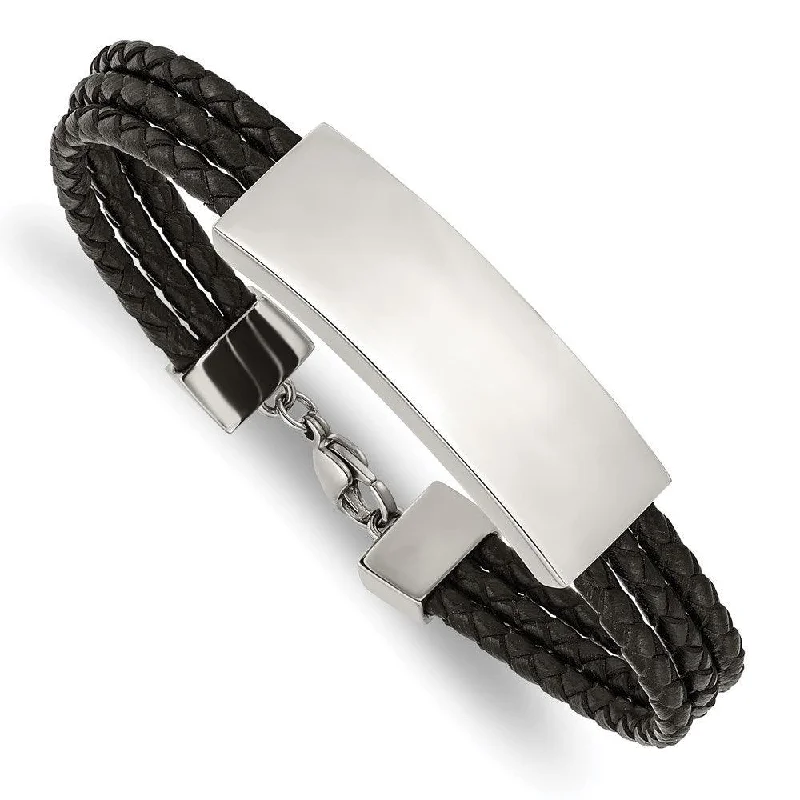 Custom Wedding Bracelet for Bride-Stainless Steel Polished Black Leather Multi Strand 8in ID Bracelet