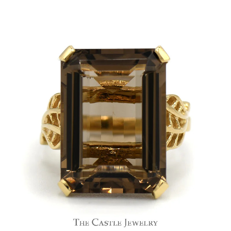 Custom Rose Gold Ring-Emerald Cut Smokey Quartz Ring with Open Leaf Sides in 14k Yellow Gold