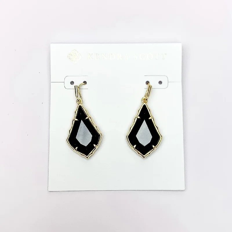 Custom Birthstone Earrings-Kendra Scott | Small Faceted Alex Gold Drop Earrings in Black Opaque Glass