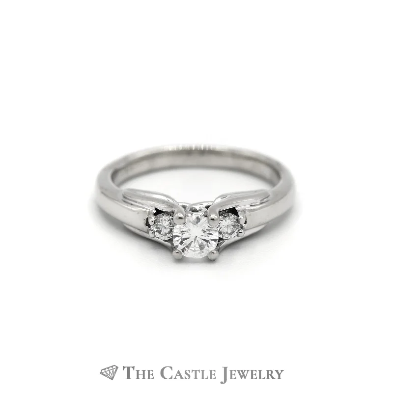 Platinum Engagement Ring-3 Stone Round Diamond Engagement Ring Fancy Cathedral Mounting in 14K White Gold