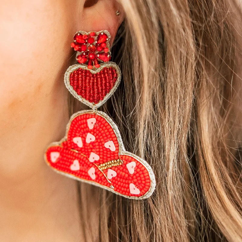 Silver Statement Earrings-Beaded Heart and Cowboy Hat Earrings with Pink Hearts in Red