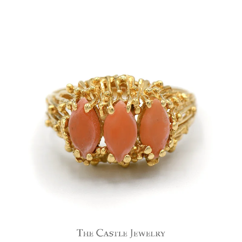 Minimalist Gold Ring-Marquise Shaped Triple Coral Ring with Open Nugget Style Setting in 14k Yellow Gold