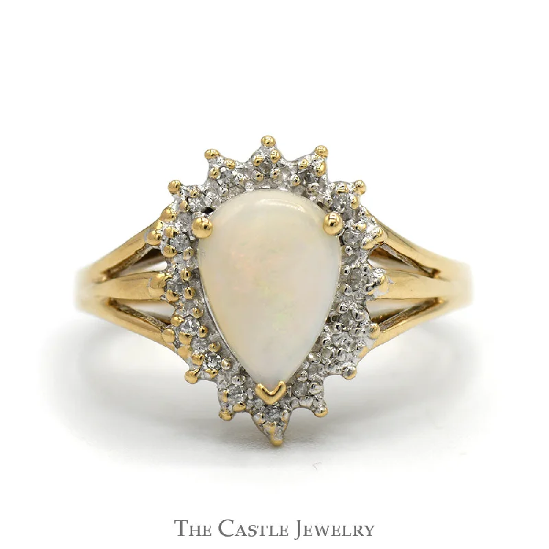 Luxury Sapphire Engagement Ring-Pear Cut Opal Ring with Diamond Halo and Split Shank Sides in 10k Yellow Gold