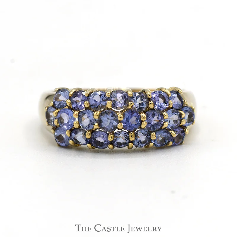 Vintage Silver Ring-Round Tanzanite Cluster Ring in 14k Yellow Gold